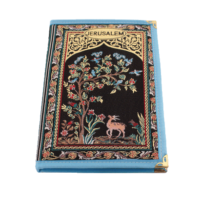 Black notebook with a blue border; it displays an outdoor scene of a tree and a deer stitched on the front and back