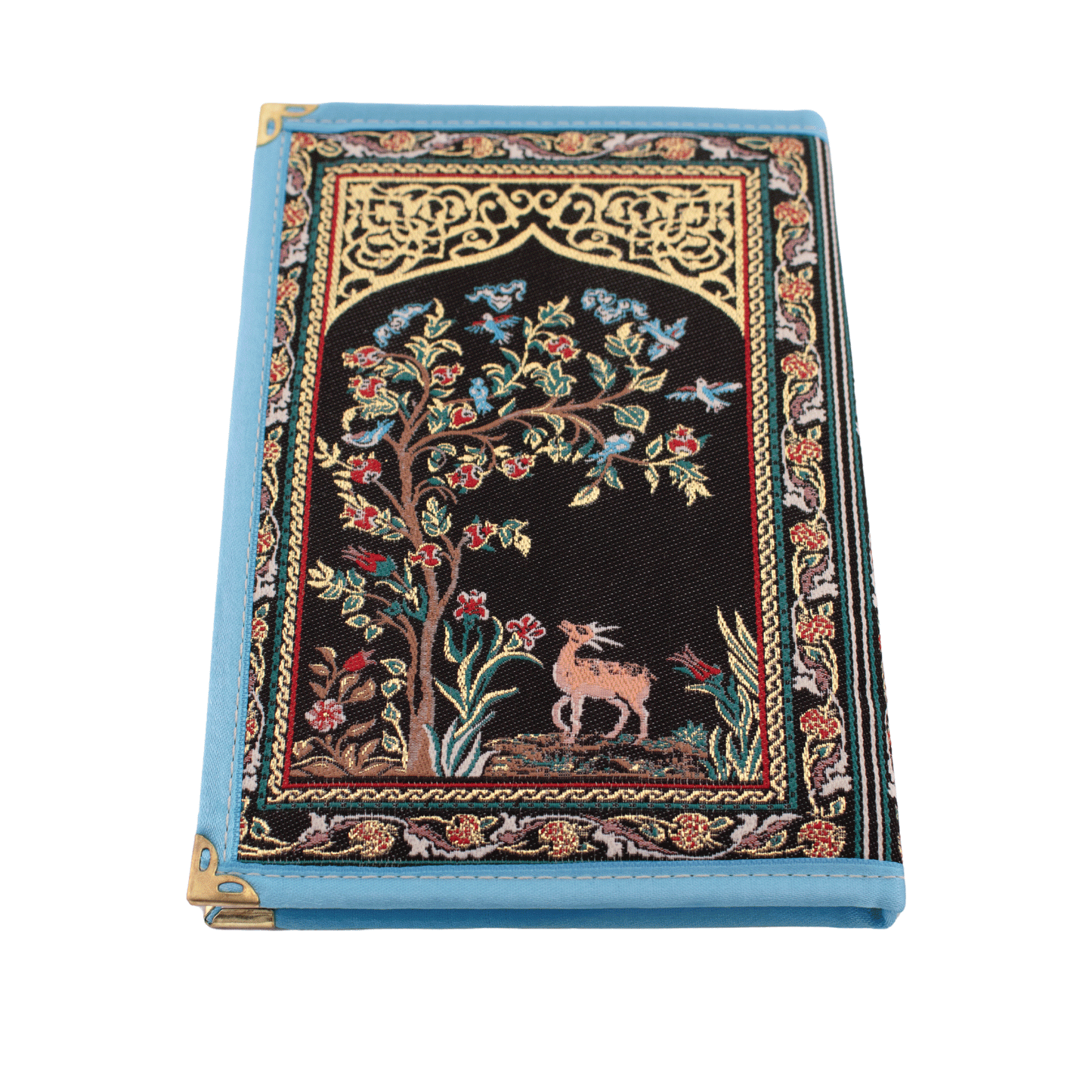 Black notebook with a blue border; it displays an outdoor scene of a tree and a deer stitched on the front and back