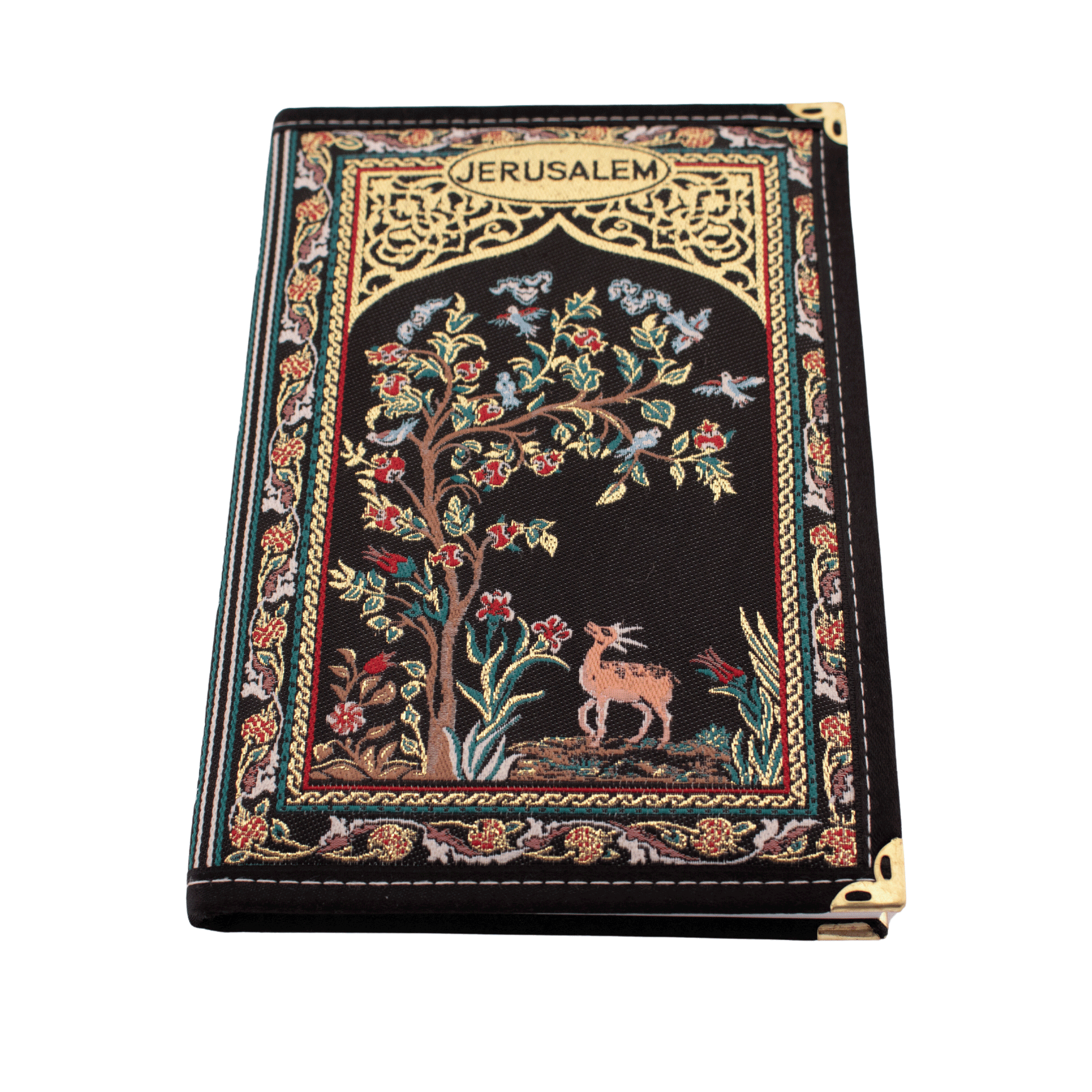 Black notebook with a black border; it displays an outdoor scene of a tree and a deer stitched on the front and back