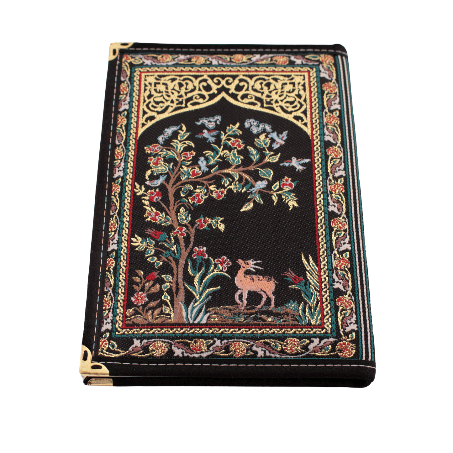 Black notebook with a black border; it displays an outdoor scene of a tree and a deer stitched on the front and back