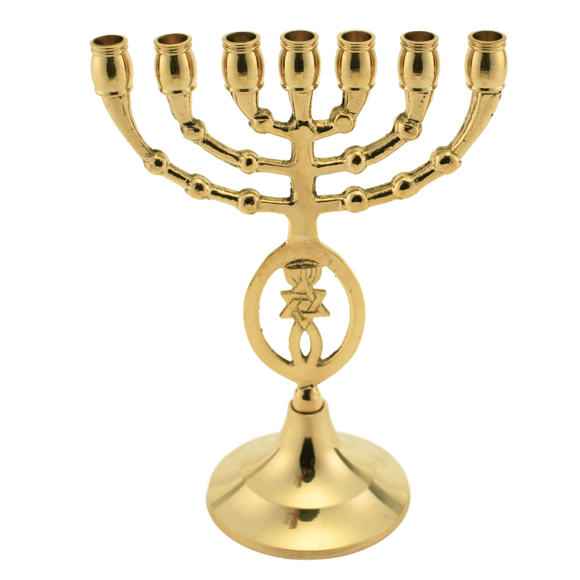 Six and a quarter inch solid polished brass menorah with the grafted-in symbol along the stem