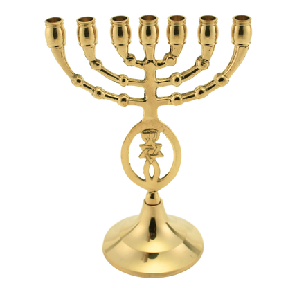 Six and a quarter inch solid polished brass menorah with the grafted-in symbol along the stem