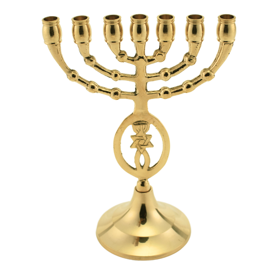 Six and a quarter inch solid polished brass menorah with the grafted-in symbol along the stem