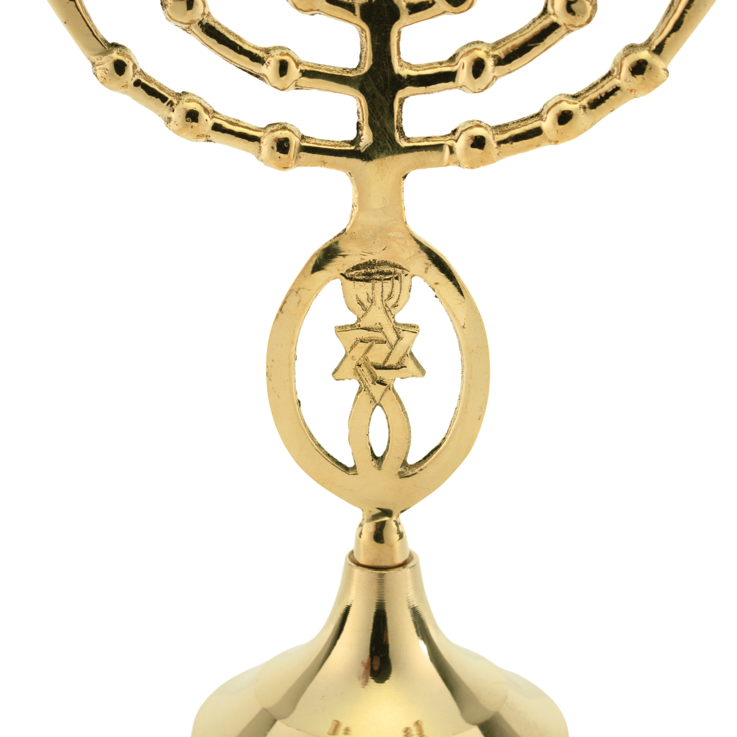 Six and a quarter inch solid polished brass menorah with the grafted-in symbol along the stem