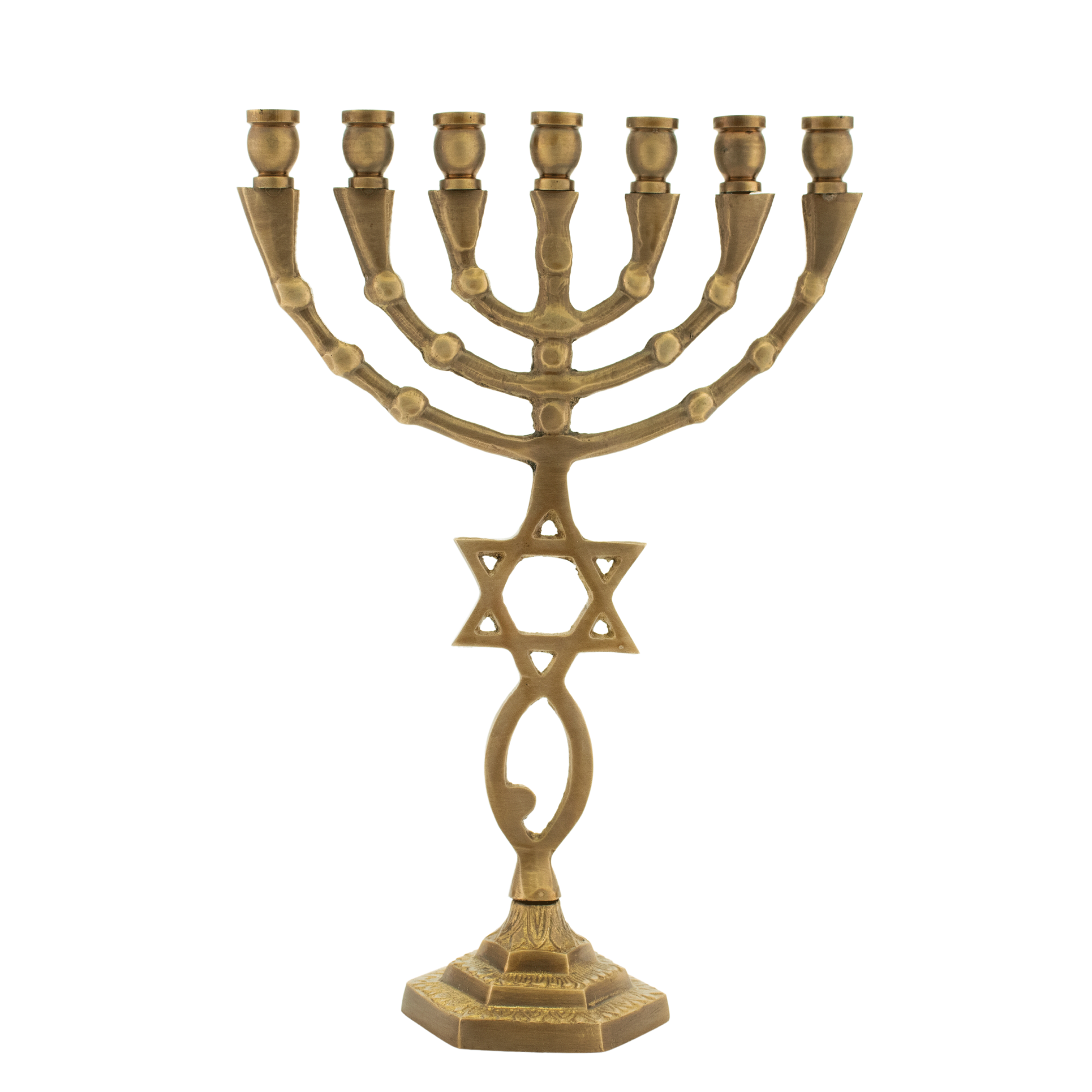 Eight and a half inch solid antique brass menorah with the grafted-in symbol along the stem
