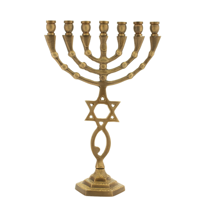 Eight and a half inch solid antique brass menorah with the grafted-in symbol along the stem