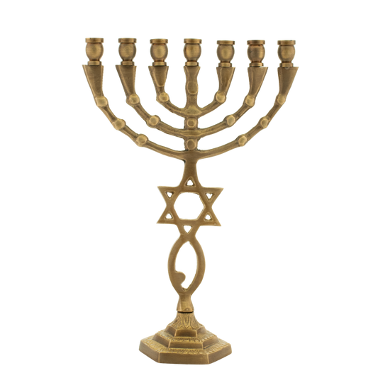 Eight and a half inch solid antique brass menorah with the grafted-in symbol along the stem