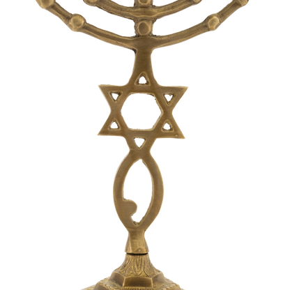 Eight and a half inch solid antique brass menorah with the grafted-in symbol along the stem