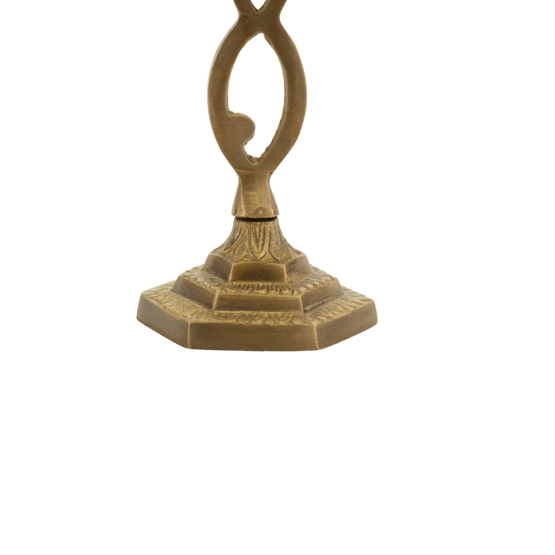 Eight and a half inch solid antique brass menorah with the grafted-in symbol along the stem
