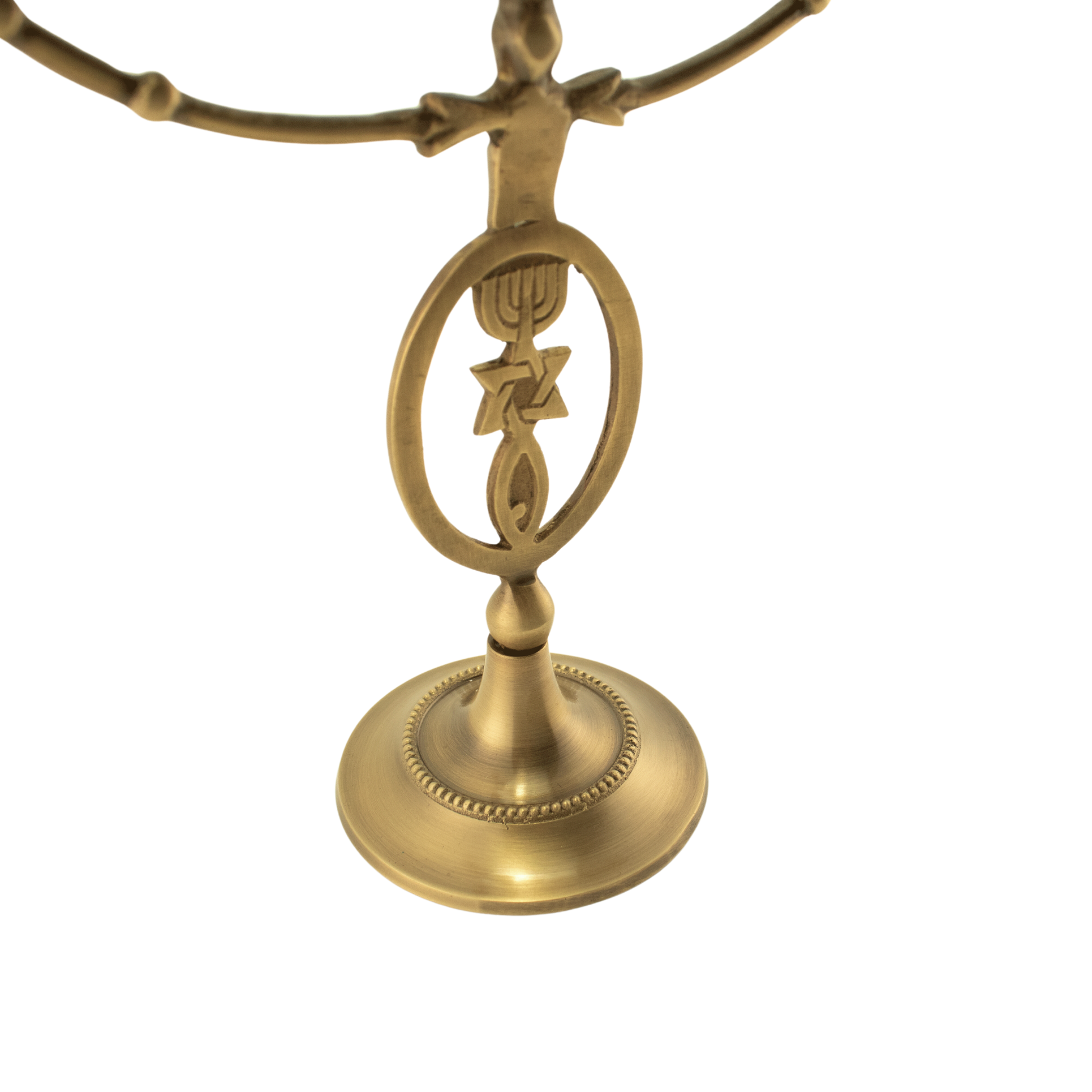 Twelve inch solid antique brass menorah with the grafted-in symbol along the stem