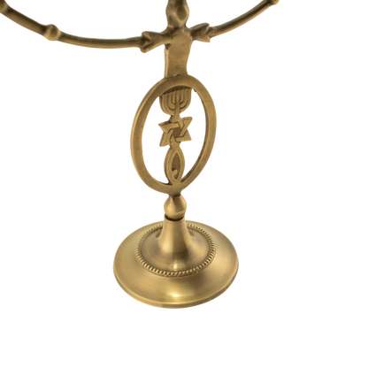 Twelve inch solid antique brass menorah with the grafted-in symbol along the stem