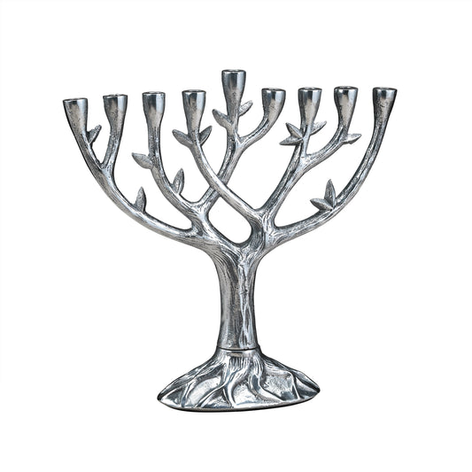 A Tree of Life hand cast aluminum menorah with a antiqued finish