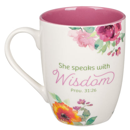 She Speaks With Wisdom Pink Floral Ceramic Coffee Mug - Proverbs 31:26