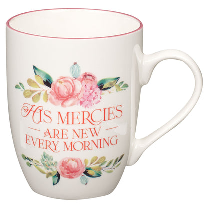 His Mercies are New Pink Peonie Ceramic Coffee Mug - Lamentations 3:22-23