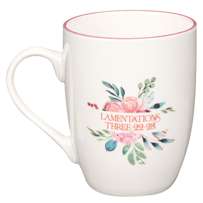 His Mercies are New Pink Peonie Ceramic Coffee Mug - Lamentations 3:22-23