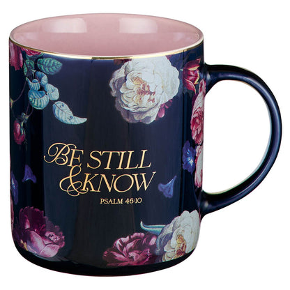 Be Still and Know Midnight Blue Floral Ceramic Mug - Psalm 46:10