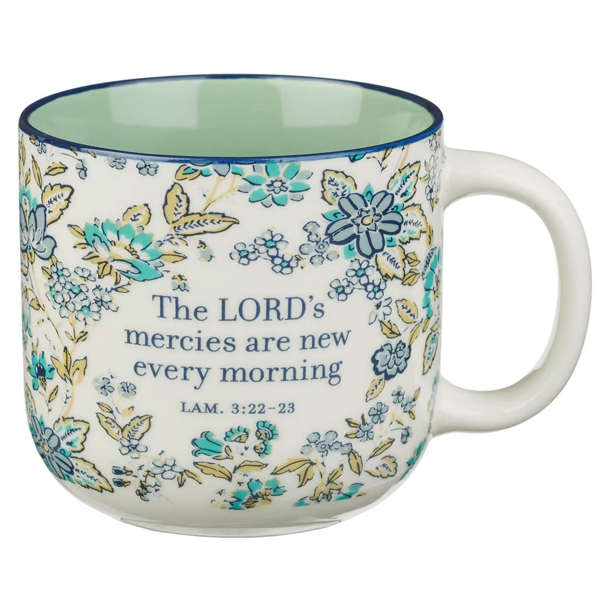 Morning Mercies Blue and Green Floral Ceramic Coffee Mug - Lamentations 2:22-23