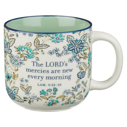 Morning Mercies Blue and Green Floral Ceramic Coffee Mug - Lamentations 2:22-23