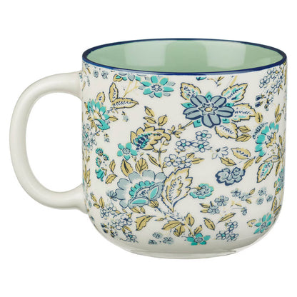 Morning Mercies Blue and Green Floral Ceramic Coffee Mug - Lamentations 2:22-23