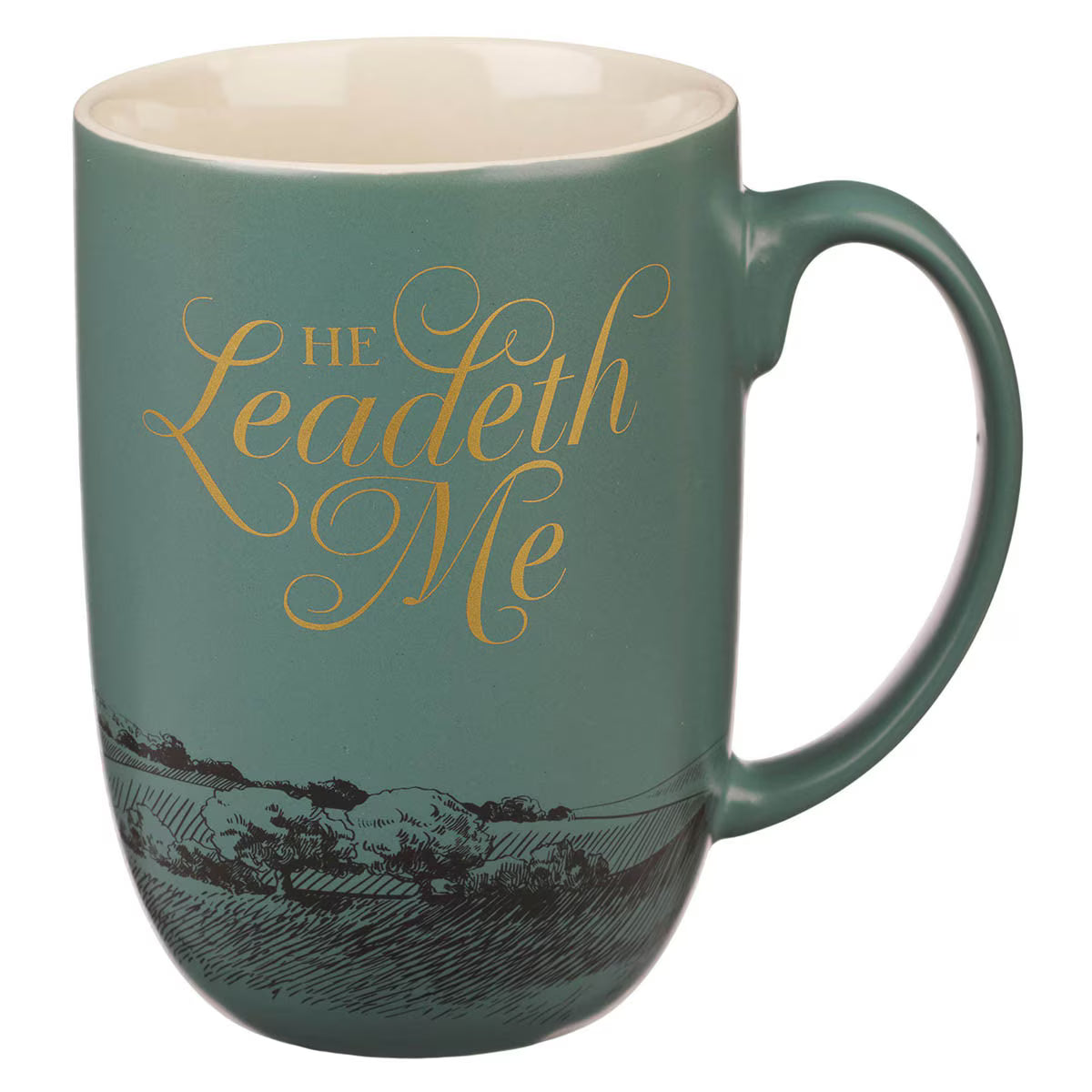 He Leadeth Me Deep Green Ceramic Coffee Mug – Psalm 23