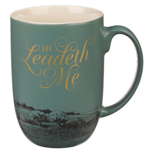 He Leadeth Me Deep Green Ceramic Coffee Mug – Psalm 23