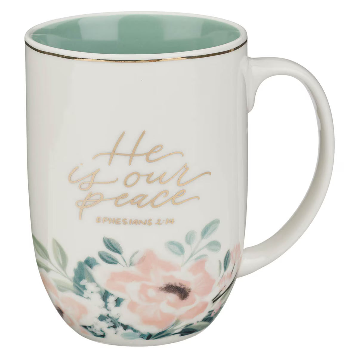 He Is Our Peace Green Floral Ceramic Coffee Mug – Ephesians 2:14