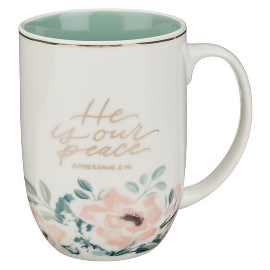 He Is Our Peace Green Floral Ceramic Coffee Mug – Ephesians 2:14