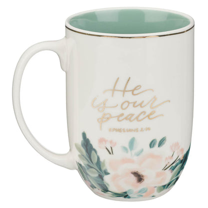 He Is Our Peace Green Floral Ceramic Coffee Mug – Ephesians 2:14