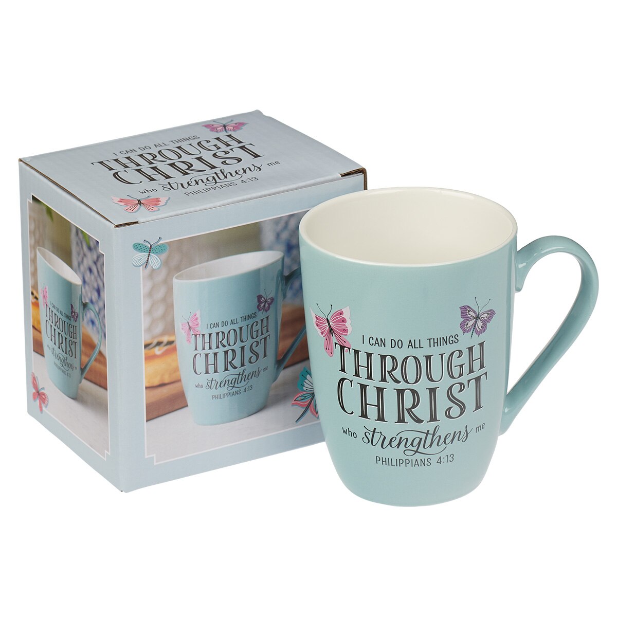 Through Christ Blue Butterfly Ceramic Coffee Mug – Philippians 4:13