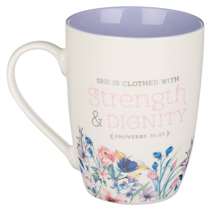 Strength & Dignity Purple Floral Ceramic Coffee Mug - Proverbs 31:25