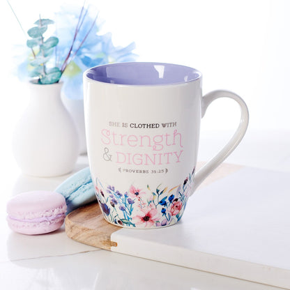 Strength & Dignity Purple Floral Ceramic Coffee Mug - Proverbs 31:25