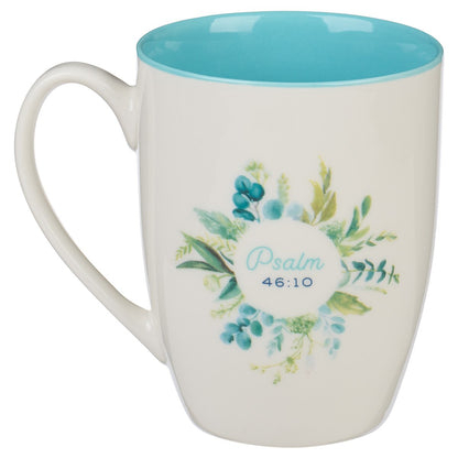 Be Still and Know Teal Floral Ceramic Coffee Mug - Psalm 46:10