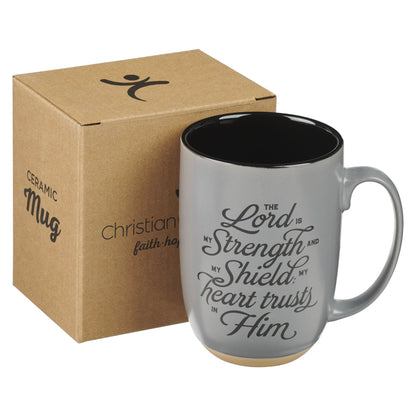 My Strength and Shield Gray Ceramic Coffee Mug with Exposed Clay Base - Psalm 28:7