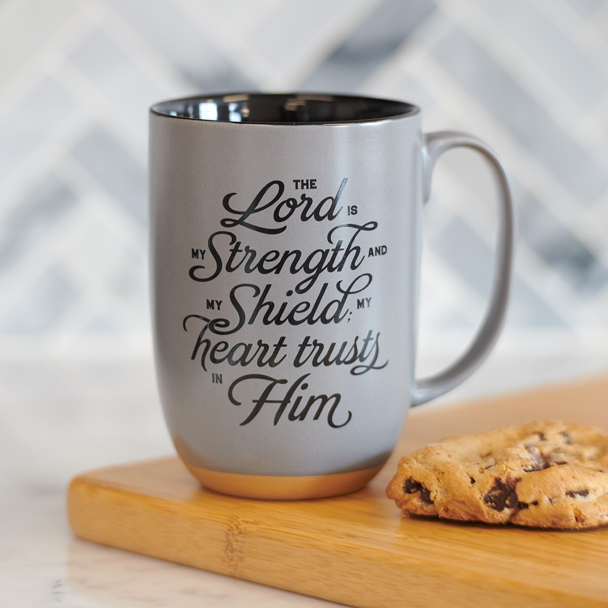 My Strength and Shield Gray Ceramic Coffee Mug with Exposed Clay Base - Psalm 28:7