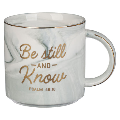 Be Still White Marbled Ceramic Coffee Mug - Psalm 46:10