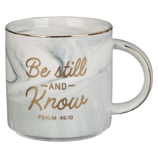 Be Still White Marbled Ceramic Coffee Mug - Psalm 46:10