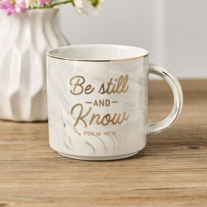 Be Still White Marbled Ceramic Coffee Mug - Psalm 46:10