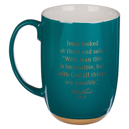 All Things are Possible Green Ceramic Coffee Mug with Exposed Clay Base - Matthew 19:26