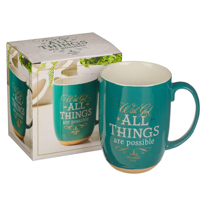 All Things are Possible Green Ceramic Coffee Mug with Exposed Clay Base - Matthew 19:26
