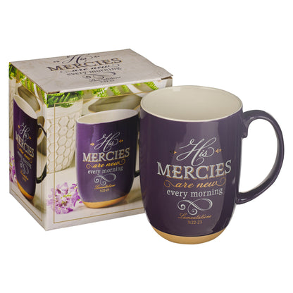 His Mercies are New Purple Ceramic Coffee Mug with Exposed Clay Base - Lamentations 3:22-23