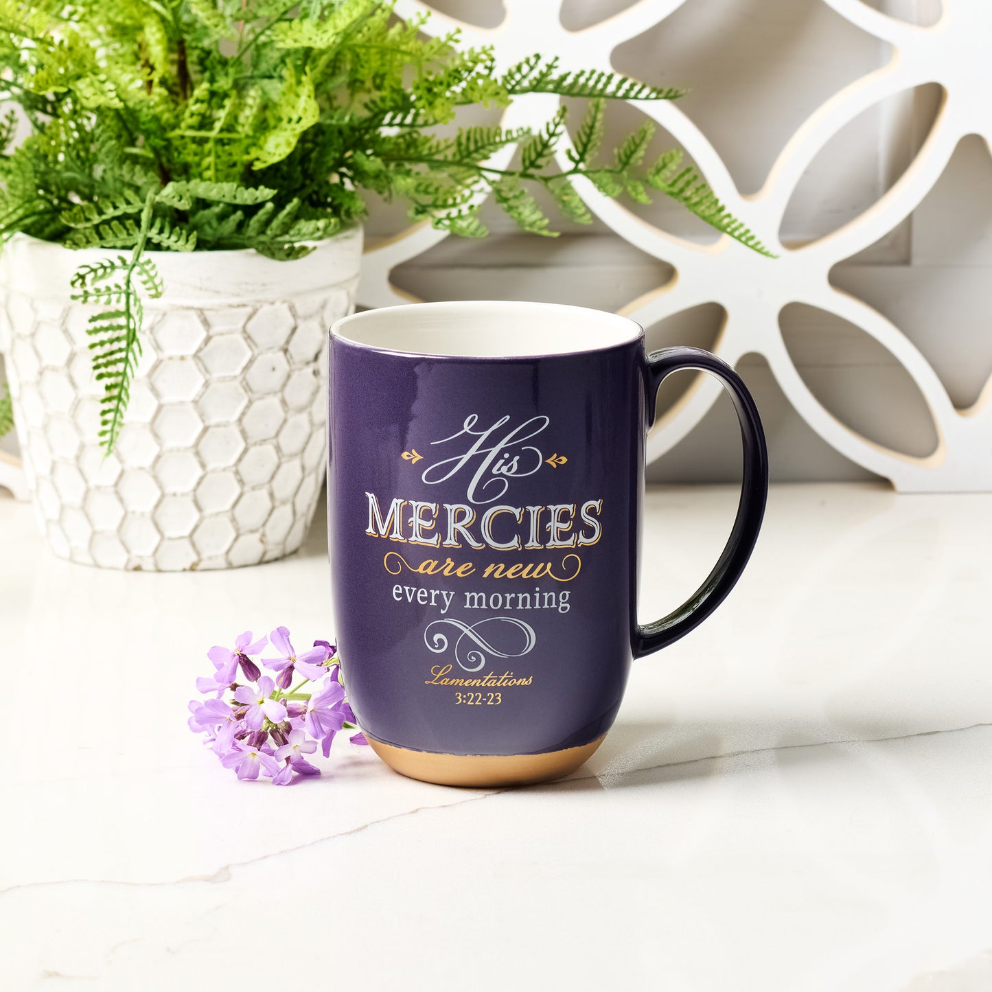 His Mercies are New Purple Ceramic Coffee Mug with Exposed Clay Base - Lamentations 3:22-23