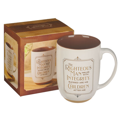Righteous Man White and Gold Ceramic Coffee Mug with Exposed Clay Base - Proverbs 20:7