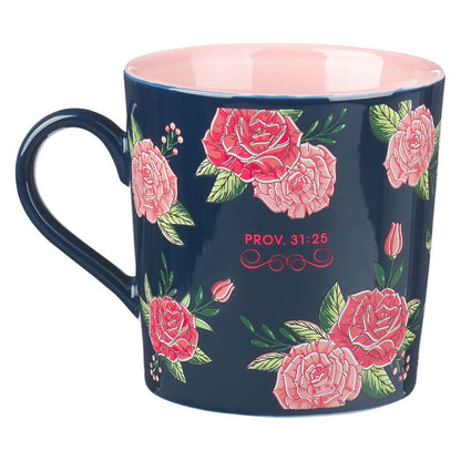 Strength and Dignity Pink Roses Ceramic Coffee Mug - Proverbs 31:25