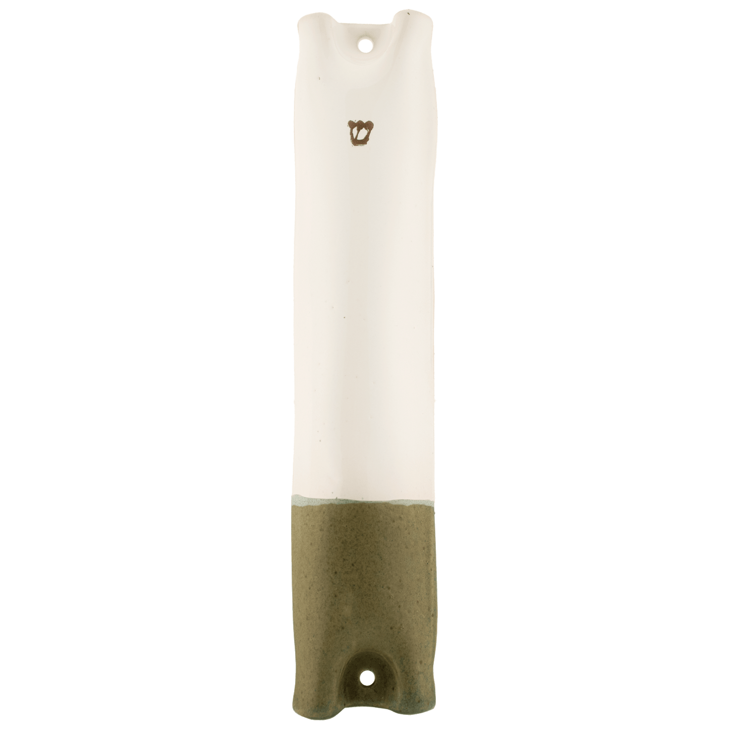 White and olive green handcrafted ceramic mezuzah