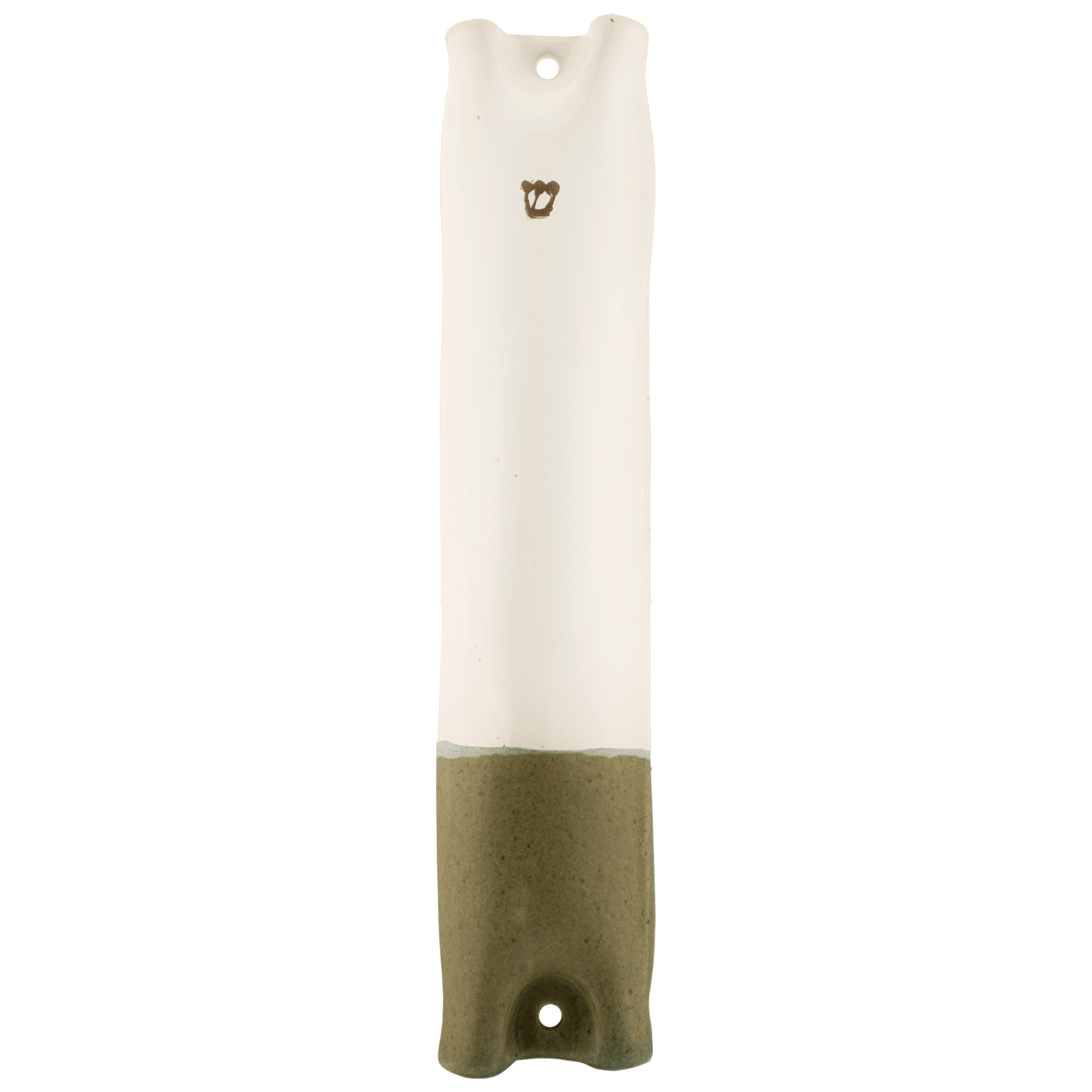 White and olive green handcrafted ceramic mezuzah