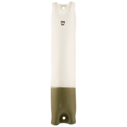 White and olive green handcrafted ceramic mezuzah