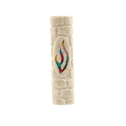 Jerusalem Stone mezuzah with a brick-wall pattern and a multi-color Shin at its center