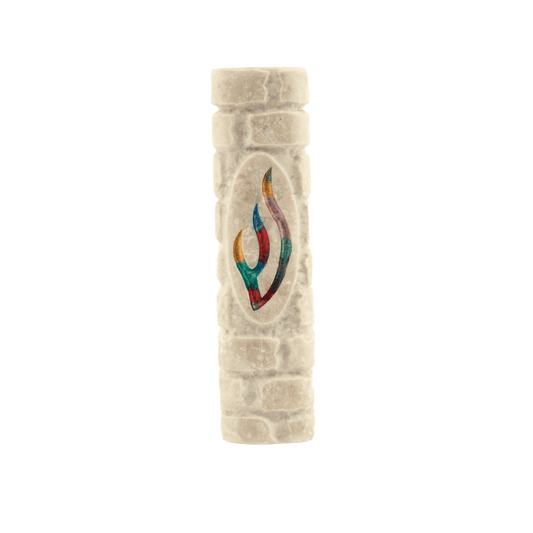 Jerusalem Stone mezuzah with a brick-wall pattern and a multi-color Shin at its center