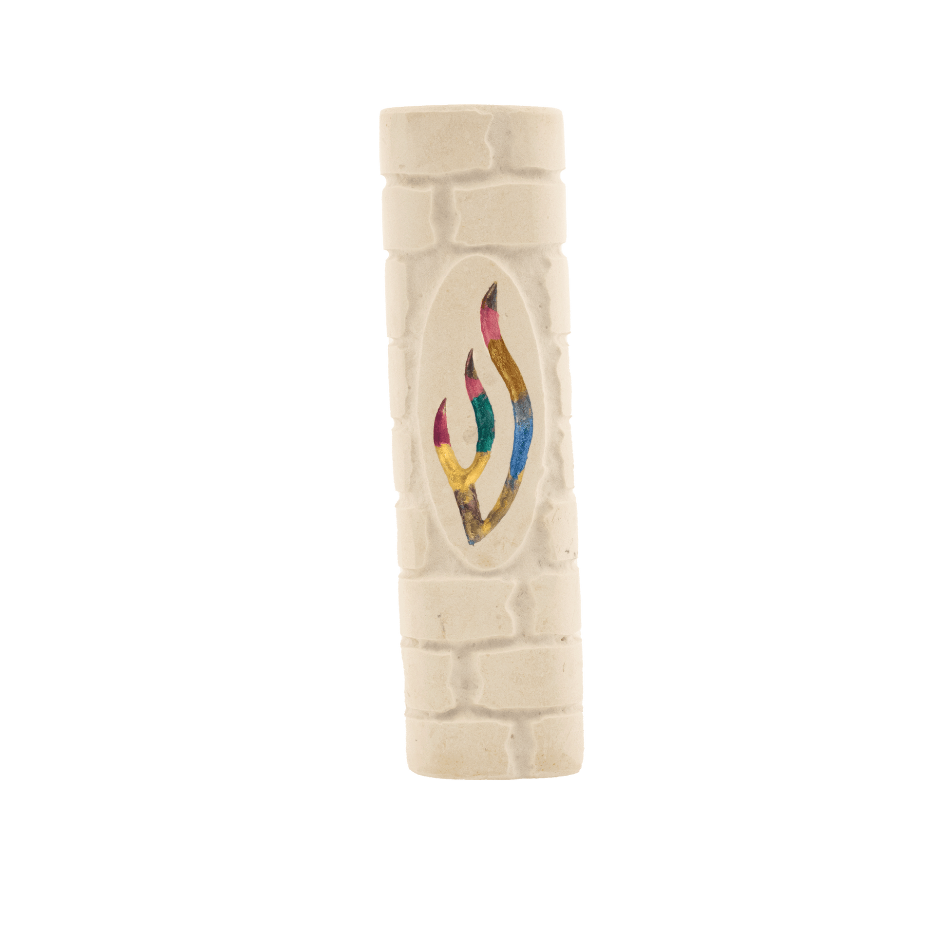 Jerusalem Stone mezuzah with a brick-wall pattern and a multi-color Shin at its center