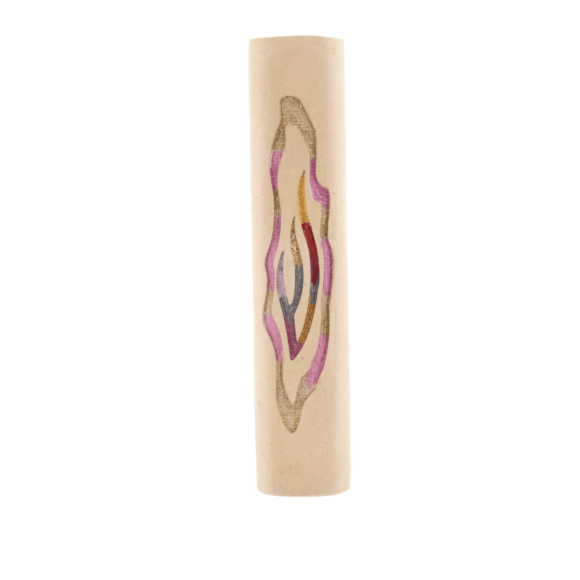 Jerusalem Stone mezuzah with a multi-color Shin at its center